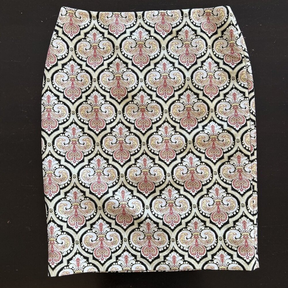 Talbots Skirt Brocade Silk Blend Medallion Career Metallic Cream Pink Size 10